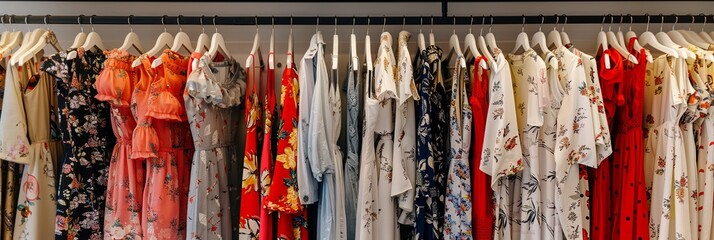 Poster - Fashionable womens closet wallpaper showcasing a variety of summer dresses and shirts hanging on hangers. Generative AI