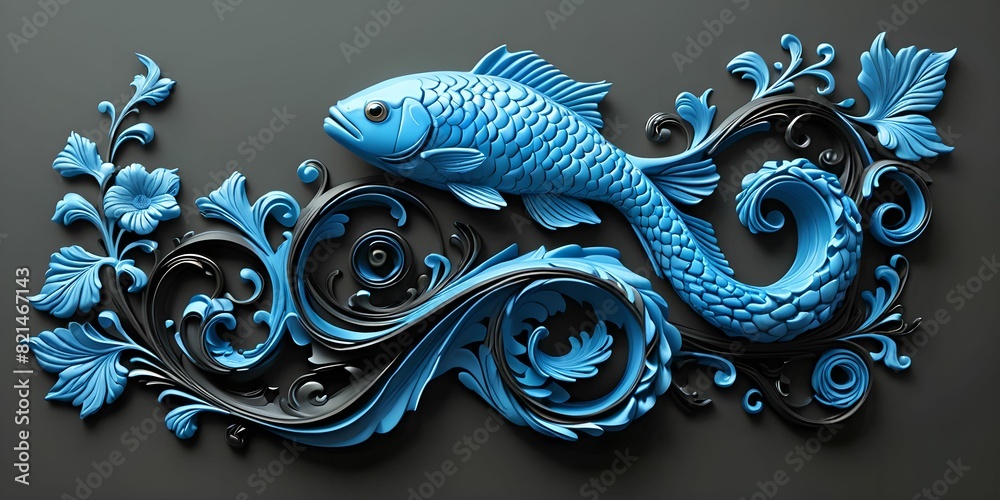 wallpaper representing a pattern of blue fish, on a black background ...