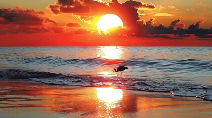 Wall Mural - A bird is standing on the beach at sunset with water in front of it, AI