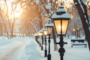 Poster - Vintage street lamps light a snowy path in a quiet park, casting a warm glow on a crisp winter evening.