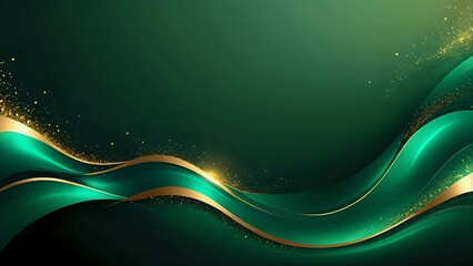 Dark green luxury background with shiny gold wave lines