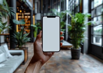 close up of a man's hand holding a phone with a white screen in an office, with a blurred background