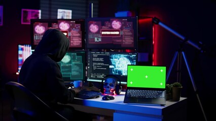 Poster - hacker using isolated screen laptop and ai technology to deploy malware on unsecured devices. scamme