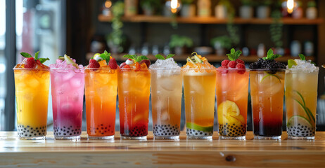 bubble tea trends, various bubble tea flavors displayed on a table, a trendy and popular drink especially enjoyed by the youth