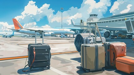 Wall Mural - Travel departure, airport with luggage suitcases and airplane in the background