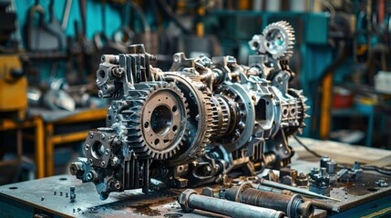 Closeup disassembled car automatic transmission gear part on workbench at garage or repair factory station for fix service or maintenance. Vehicle part detail. Complex industrial mechanism background