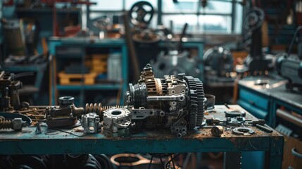 Closeup disassembled car automatic transmission gear part on workbench at garage or repair factory station for fix service or maintenance. Vehicle part detail. Complex industrial mechanism background