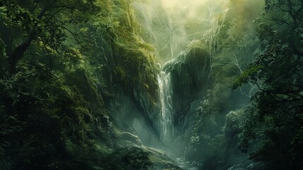 Wall Mural - Waterfall in a lush green jungle for nature or travel themed designs