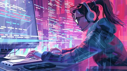 Woman in neon lights coding in a futuristic environment