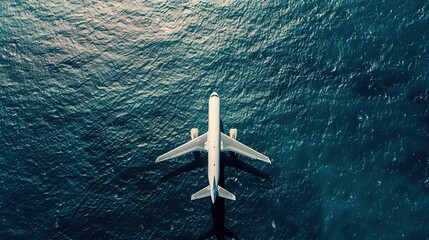 Wall Mural - View from above of a passenger or cargo jet plane flying over the vast blue ocean, capturing the essence of global travel and aviation