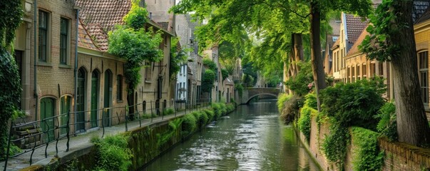 Wall Mural - A canal with a row of houses on either side. The water is calm and the trees on the banks are lush and green