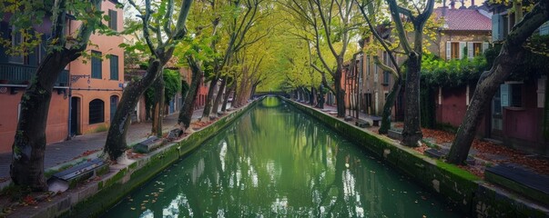 Wall Mural - A canal with a row of houses on either side. The water is calm and the trees on the banks are lush and green