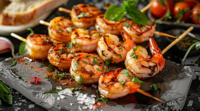 Gizamor Shrimp Skewers, an elegant dish featuring perfectly grilled shrimp on wooden sticks with flakey bread and fresh herbs