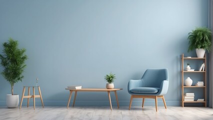 Poster - Empty wall mock up with chair, shelf with books and plant in vase in Frost Blue living room interior