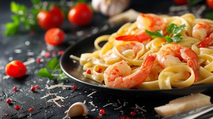 Italian pasta fettuccine in a creamy sauce with shrimp on a plate, side view. Close up. Healthy whole grain linguine with shrimps, fresh Parmesan cheese, and parsley. Restaurant menu, recipe