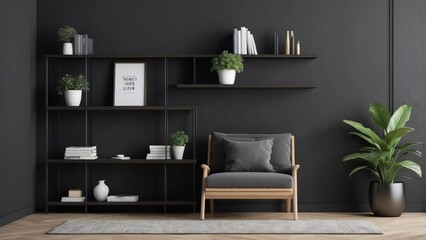 Poster - Empty wall mock up with chair, shelf with books and plant in vase in Ebony living room interior