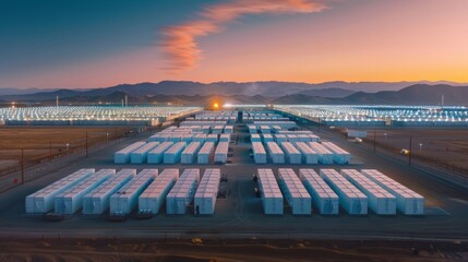 Large battery storage facilities storing excess renewable energy for use during peak demand times.