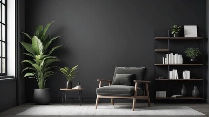 Wall Mural - Empty wall mock up with chair, shelf with books and plant in vase in Ebony living room interior