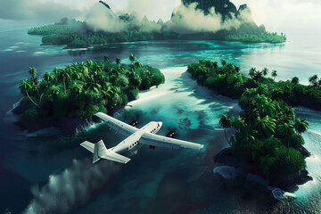 Wall Mural - plane is seen flying around two islands with palm trees, in the style of vray, australian tonalism, kushan empire, eerily realistic, clean-lined, coastal views, hyper-realistic water