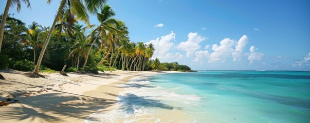 Wall Mural - A beautiful beach with palm trees and a clear blue ocean