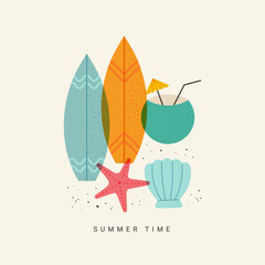 Wall Mural - Summer vibe. Minimal abstract card. Surfboards, seashell, starfish, coconut, beach. Vector summer vacation background, trendy print in t-shirts.