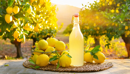 Bottle of tasty limoncello. Bottle of fresh homemade lemonade. 