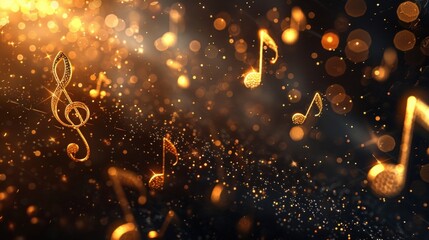 Gold music notes on dark background with bokeh lights.