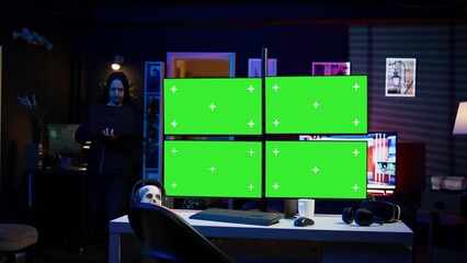 Poster - hacker using isolated screen multi monitor pc setup, doing computer sabotage using ransomware. cyber