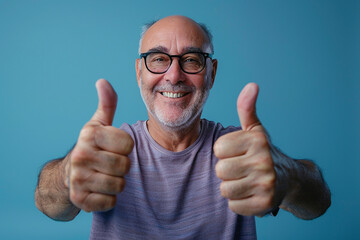 Middle-aged man giving thumbs up, happy expression, cheerful, blue background