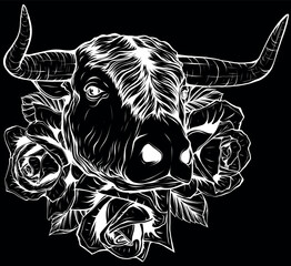 Poster - cow head in white line on black background