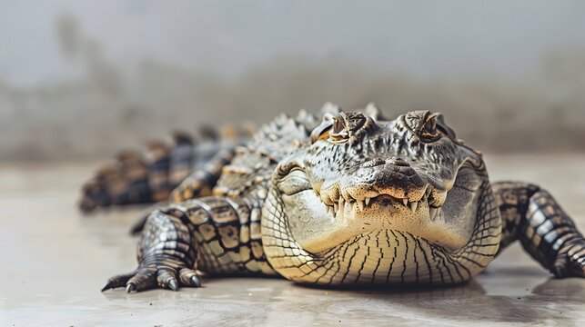 Close up of large crocodile that lay down on floor and look up isolated on clean png background, reptile animal concept