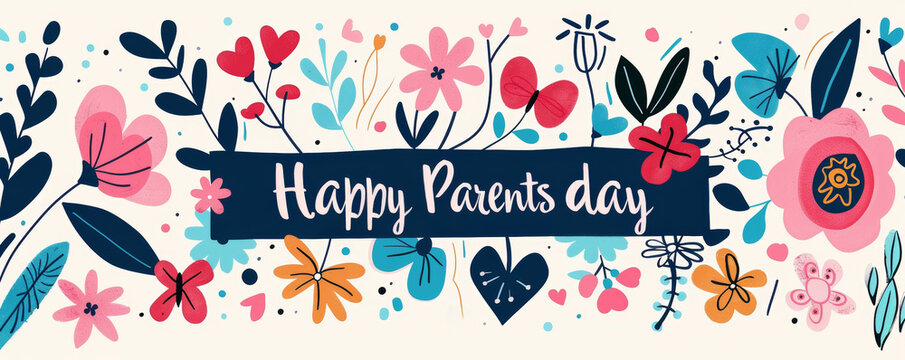 Happy Parents day calligraphy text with flowers and hearts on white background. Holiday brush lettering. Global Day of Parents concept. Greeting card, banner, postcard or poster for Happy Parents day