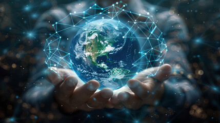 Poster - Abstract palm hands with global network connections, innovative technologies in the field of science and communication, Hand holding flying earth network global connection concept