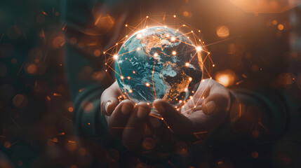 Poster - Abstract palm hands with global network connections, innovative technologies in the field of science and communication, Hand holding flying earth network global connection concept