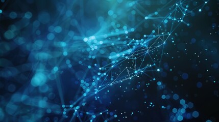 Abstract blue technology background featuring a cyber network grid with connected particles. Artificial neurons and global data connections.
