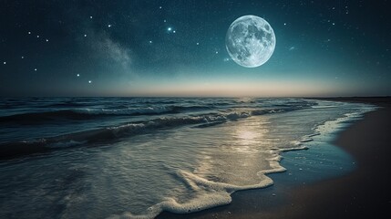 Wall Mural - a moonlit beach with gentle waves lapping at the shore under a starry sky.