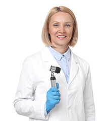 Poster - Happy dermatologist with dermatoscope isolated on white