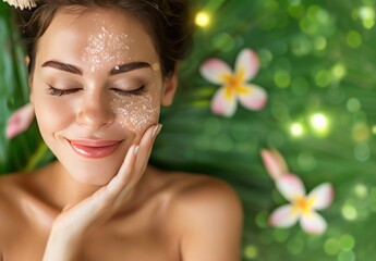 Portrait of a beautiful young woman with perfect, clean skin touching her face.