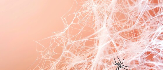 Macro shot of a black spider on a delicate, intricate white web against a soft peach background, highlighting nature's beauty and precision.