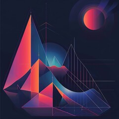 Poster - Abstract digital art with vibrant geometric shapes and gradient colors against a dark background, creating a futuristic feel.