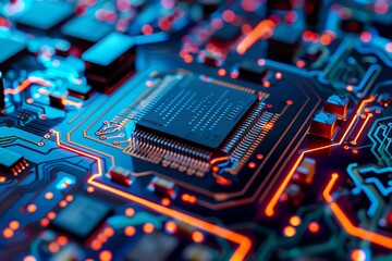 Poster - Close-up of a microchip on a circuit board with glowing connections, representing technology and electronics innovation.