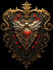 Wall Mural - A Valentine's Day themed coat of arms featuring an open heart and wings, with golden accents on the shield and red flowers around it