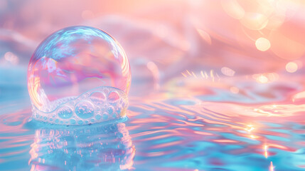 close up shot of a single bubble formation, one big with some small at the base, floating on a blue and pink watery liquid