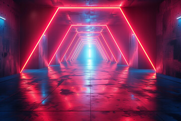 Wall Mural - abstract background, high tech looking corridor with glowing neon red arches, metal ceiling, floors and slanted walls, monitors 3:2