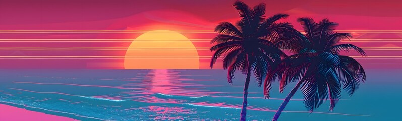 Wall Mural - Background with sunset sky and palm trees, tropical resort