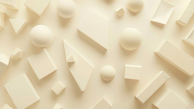 3d render of white geometric background with different shapes and textures, light beige color, low poly style,