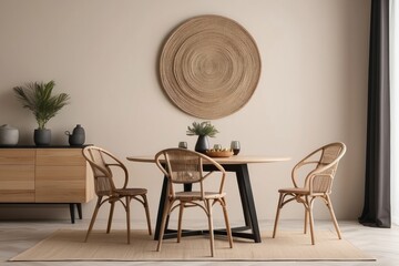 Poster - interior design of dining room with round table, two rattan chair, wooden commode, and kitchen accessories