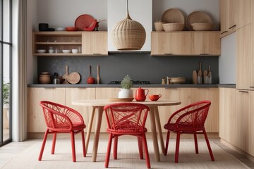 Wall Mural - interior design of dining room with round table, two red rattan chair, wooden commode, and kitchen