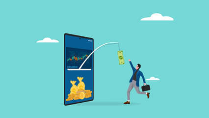 phone scam with fraud investment offers, social media crime with theft of personal data, happy man who is tempted by fake investment offers that are detrimental and threaten personal data