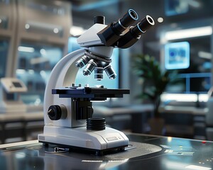 Poster - A modern microscope in a high-tech laboratory environment. Perfect for scientific research, education, and medical analysis.
